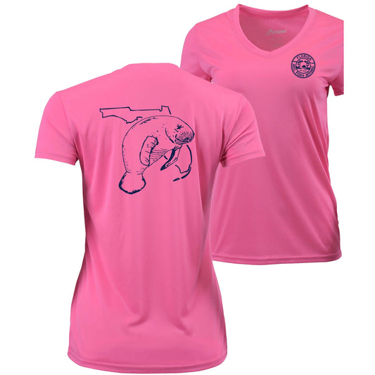 Women’s pink short sleeve performance sun shirt, V-neck, Florida Manatee design on back, and Reel Fishy logo on front