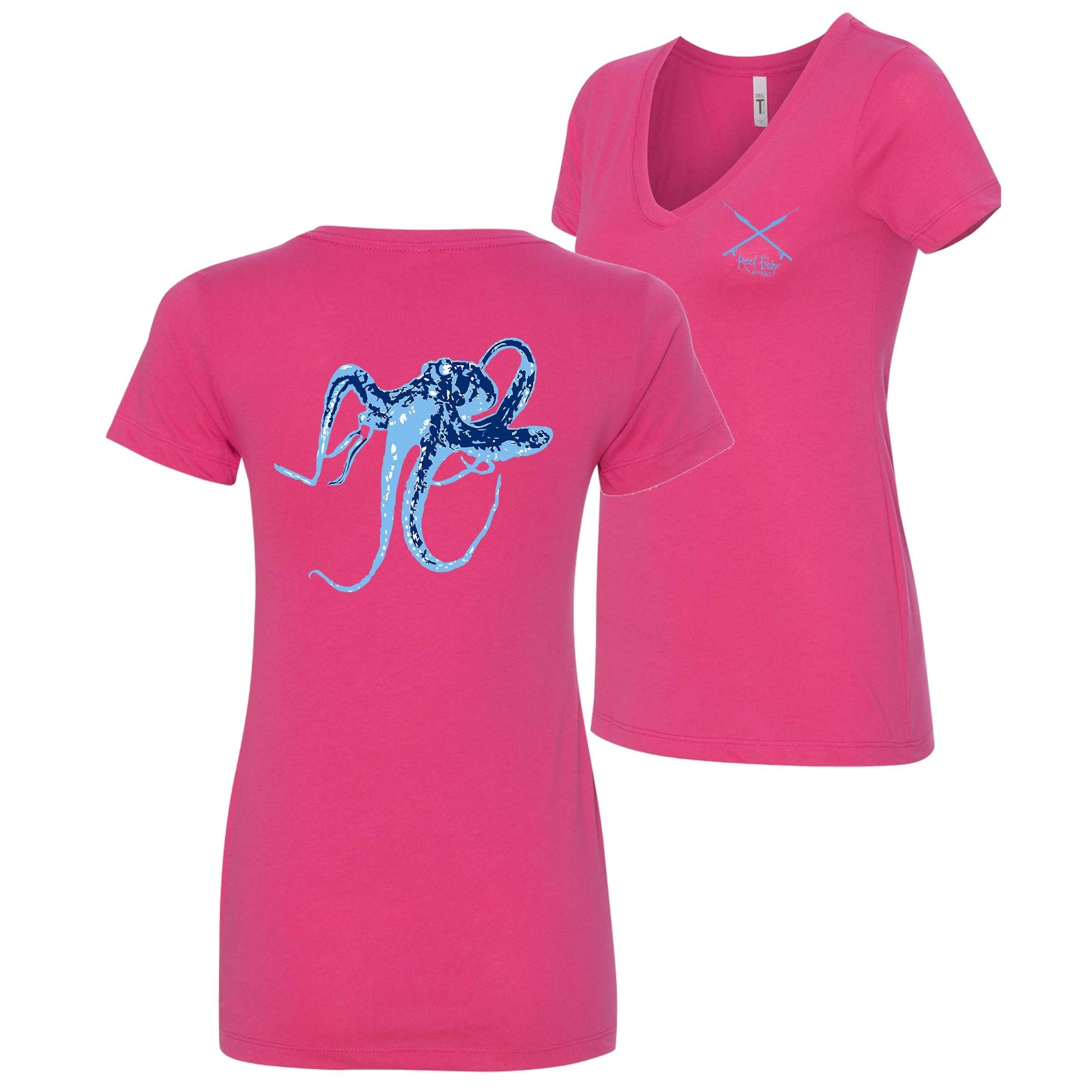 Raspberry Ladies Octopus V-neck Short Sleeve Cotton Tee - Reel Fishy Apparel Spearguns logo on front
