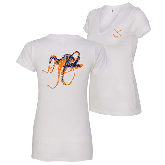 White Ladies Octopus V-neck Short Sleeve Cotton Tee - Reel Fishy Apparel Spearguns logo on front
