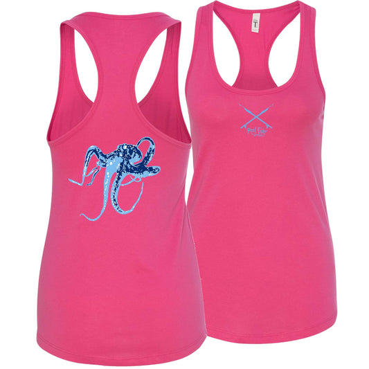 Women’s racerback tank top in pink with blue octopus design on back, Reel Fishy Spears on front