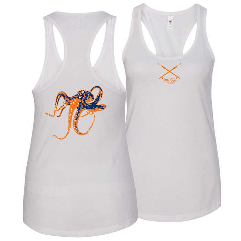 Women’s racerback tank top in white with orange octopus design on back, Reel Fishy Spears on front