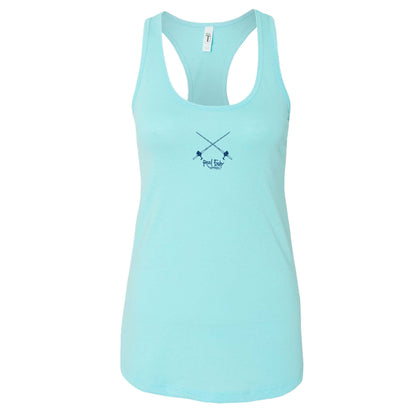 Women's aqua racerback tank with "Reelaxin’ – Seas the Day" logo on back and Reel Fishy Salt Rods logo on front