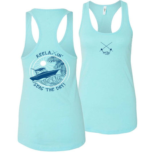 Women's aqua racerback tank with "Reelaxin’ – Seas the Day" logo on back and Reel Fishy Salt Rods logo on front