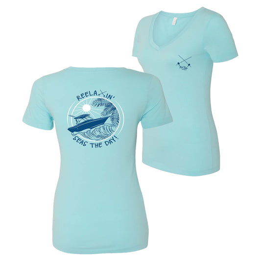 Ladies Reelaxin' - Seas the Day v-neck cotton short sleeve shirt in Aqua Blue