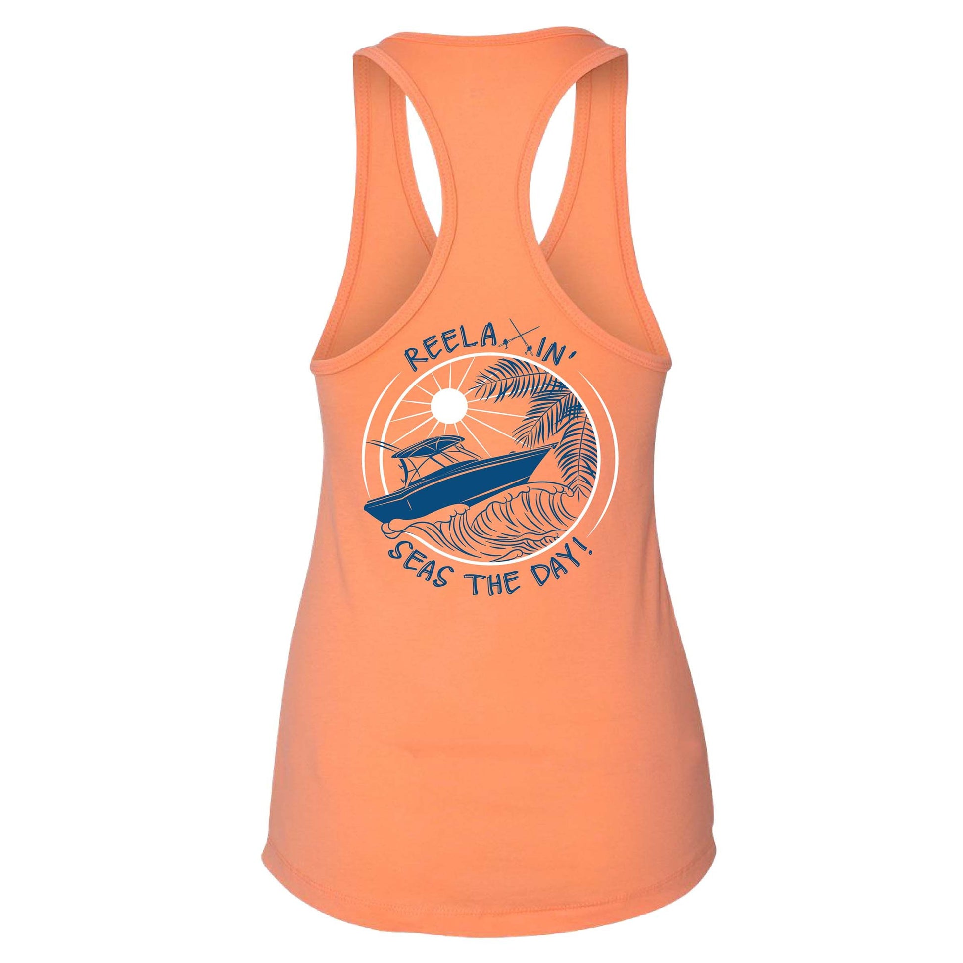 Women's orange racerback tank with "Reelaxin’ – Seas the Day" logo on back