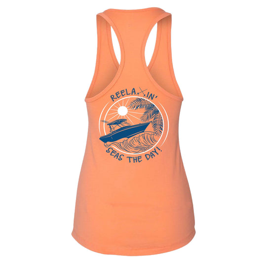 Women's orange racerback tank with "Reelaxin’ – Seas the Day" logo on back