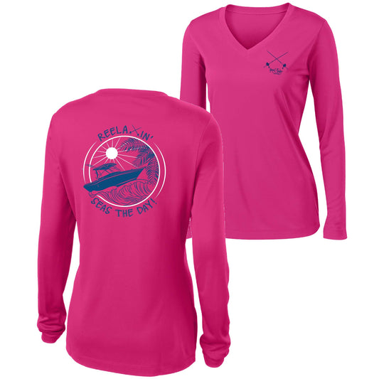 Ladies pink long sleeve V-neck performance dry-fit shirt with Reelaxin’ – Seas the Day logo on the back and Reel Fishy Salt Rods logo on the front.