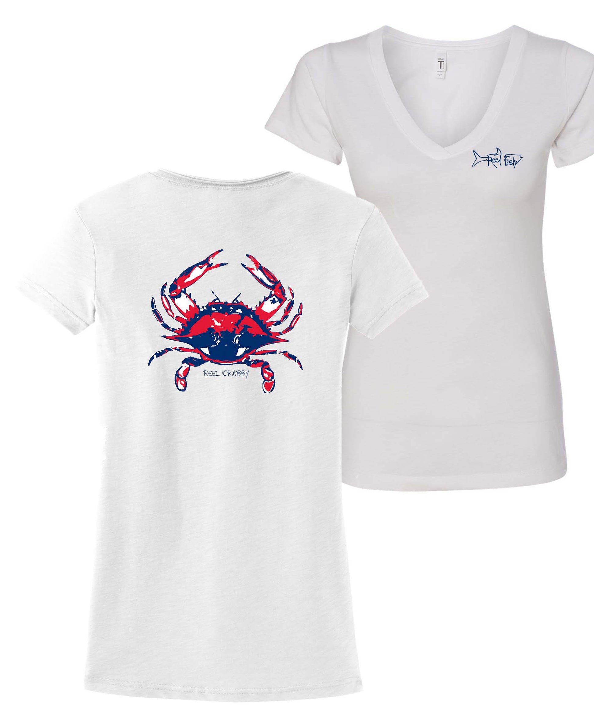 Ladies Crab V-neck Reel Crabby tee - White front & back