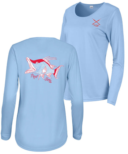 Hogfish "Reef Hog" Ladies Performance Dry-fit Scoop-neck Long Sleeve Shirt with 50+ UV Sun Protection in Lt. Blue