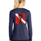 Ladies Lobster Performance Dry-Fit V-neck Fishing shirts with Sun Protection - "Bug Tickler" Dive Logo - Navy Long Sleeve