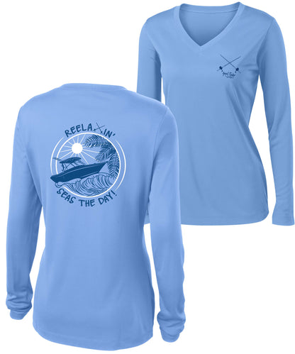 Ladies Light Blue Reelaxin' V-neck Performance Dry-Fit Fishing Long Sleeve Shirts, 50+ UPF Sun Protection - Reel Fishy Apparel