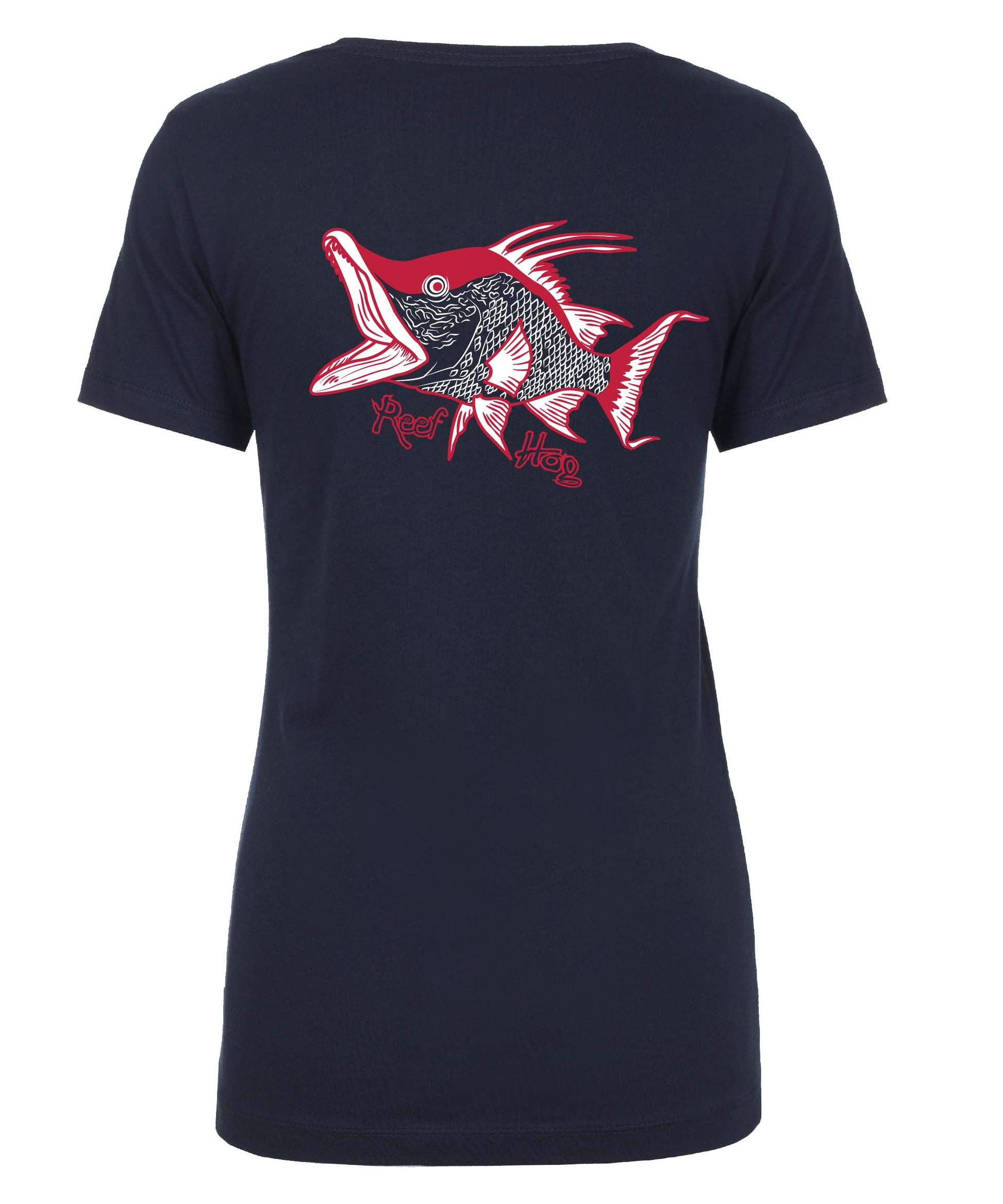 New Design! Ladies Hogfish V-Neck Tees with "Reef Hog" Logo in Navy