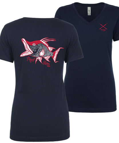 New Design! Ladies Hogfish V-Neck Tees with "Reef Hog" Logo in Navy