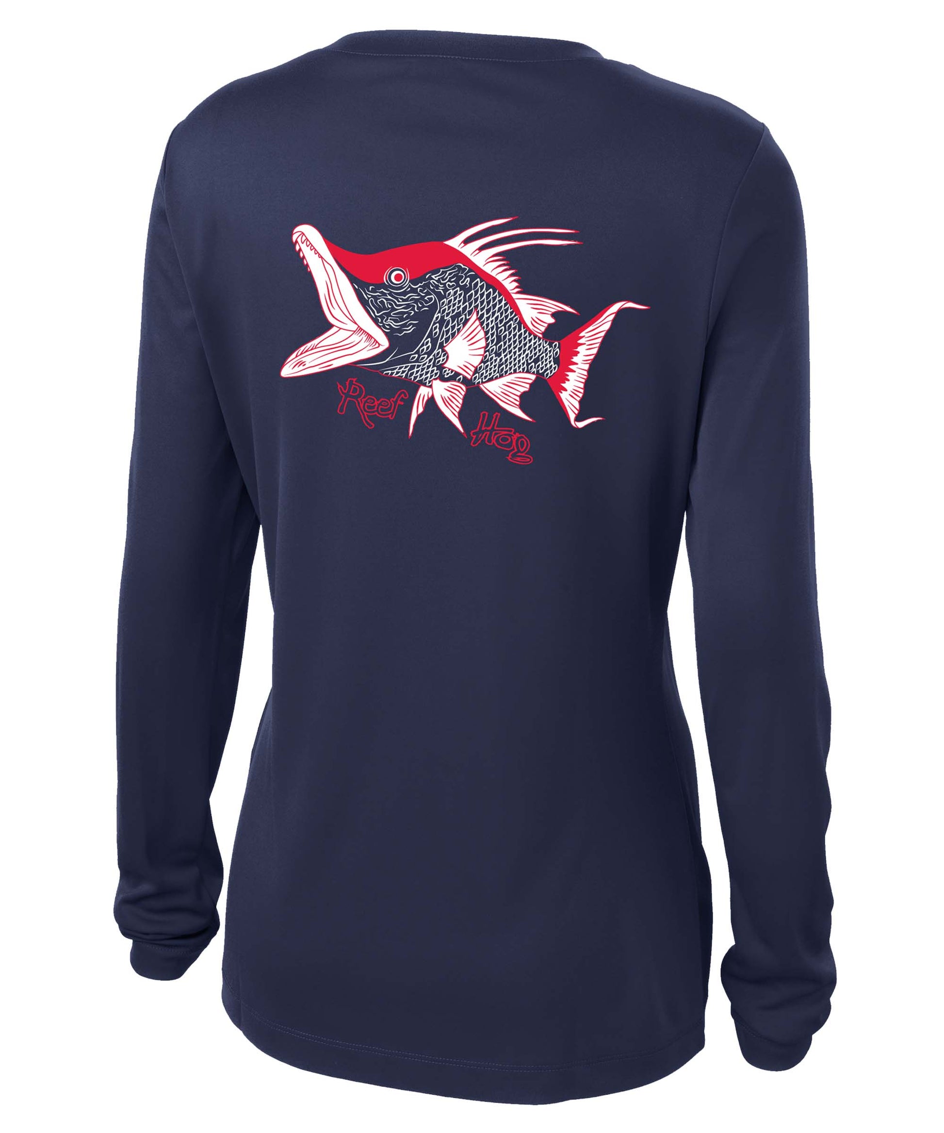 Hogfish "Reef Hog" Ladies Performance Dry-fit V-neck Long Sleeve Shirt with 50+ UV Sun Protection in Navy
