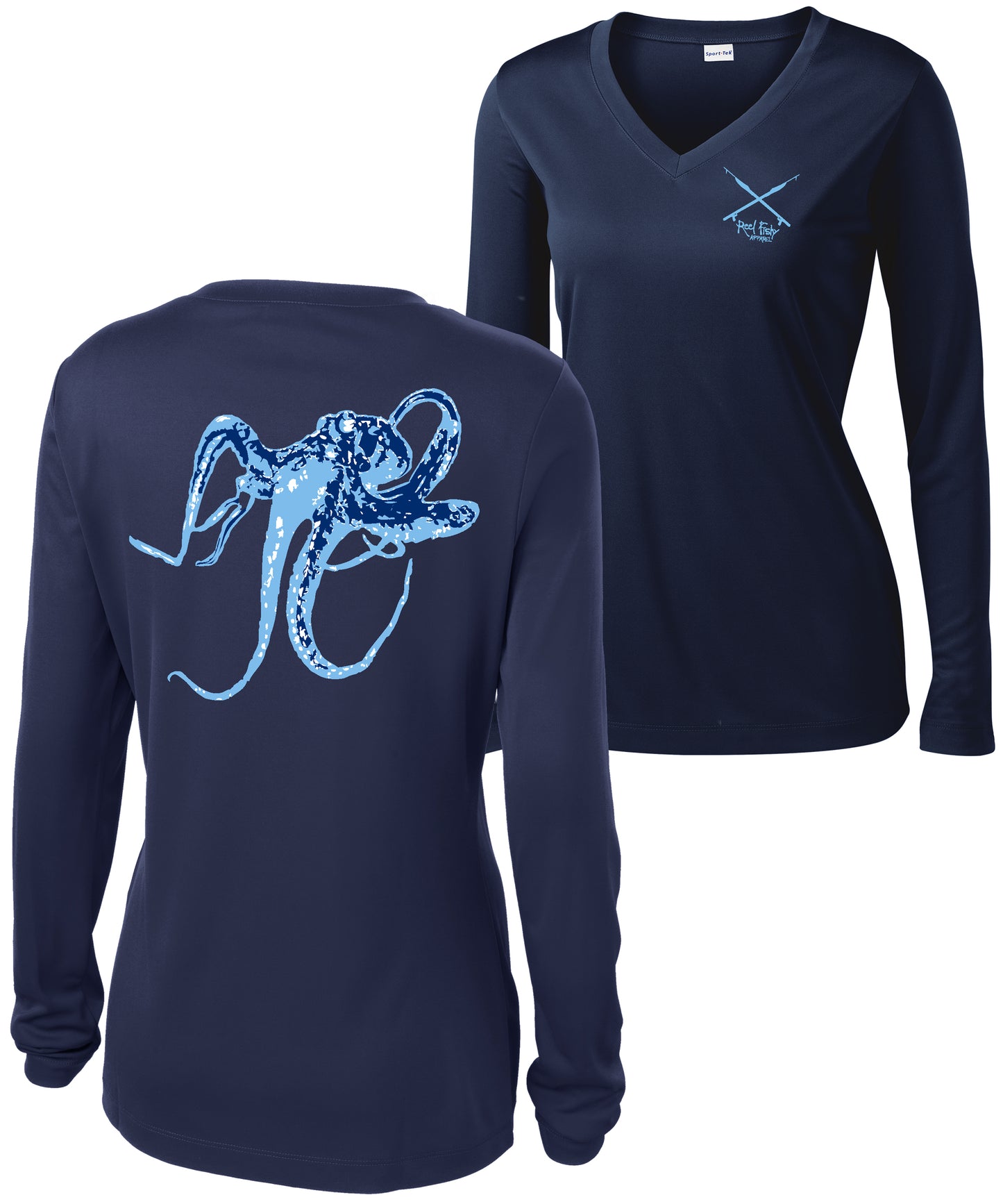 Ladies Octopus Performance Dry-Fit V-neck Long Sleeve - Navy w/Lt Blue logo