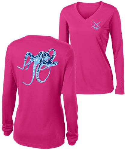 Ladies Octopus Performance Dry-Fit V-neck Long Sleeve - Pink w/Lt Blue logo