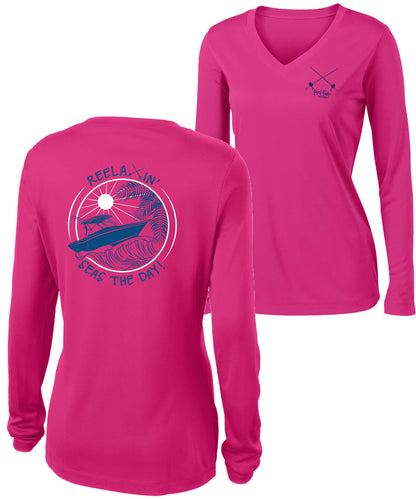 Ladies Raspberry Reelaxin' V-neck Performance Dry-Fit Fishing Long Sleeve Shirts, 50+ UPF Sun Protection - Reel Fishy Apparel