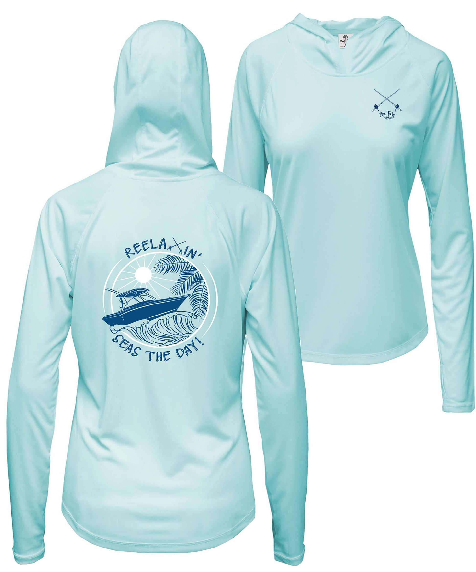 Ladies Artic Blue Reelaxin' Hoodie Performance Dry-Fit Fishing Long Sleeve Shirts, 50+ UPF Sun Protection - Reel Fishy Apparel