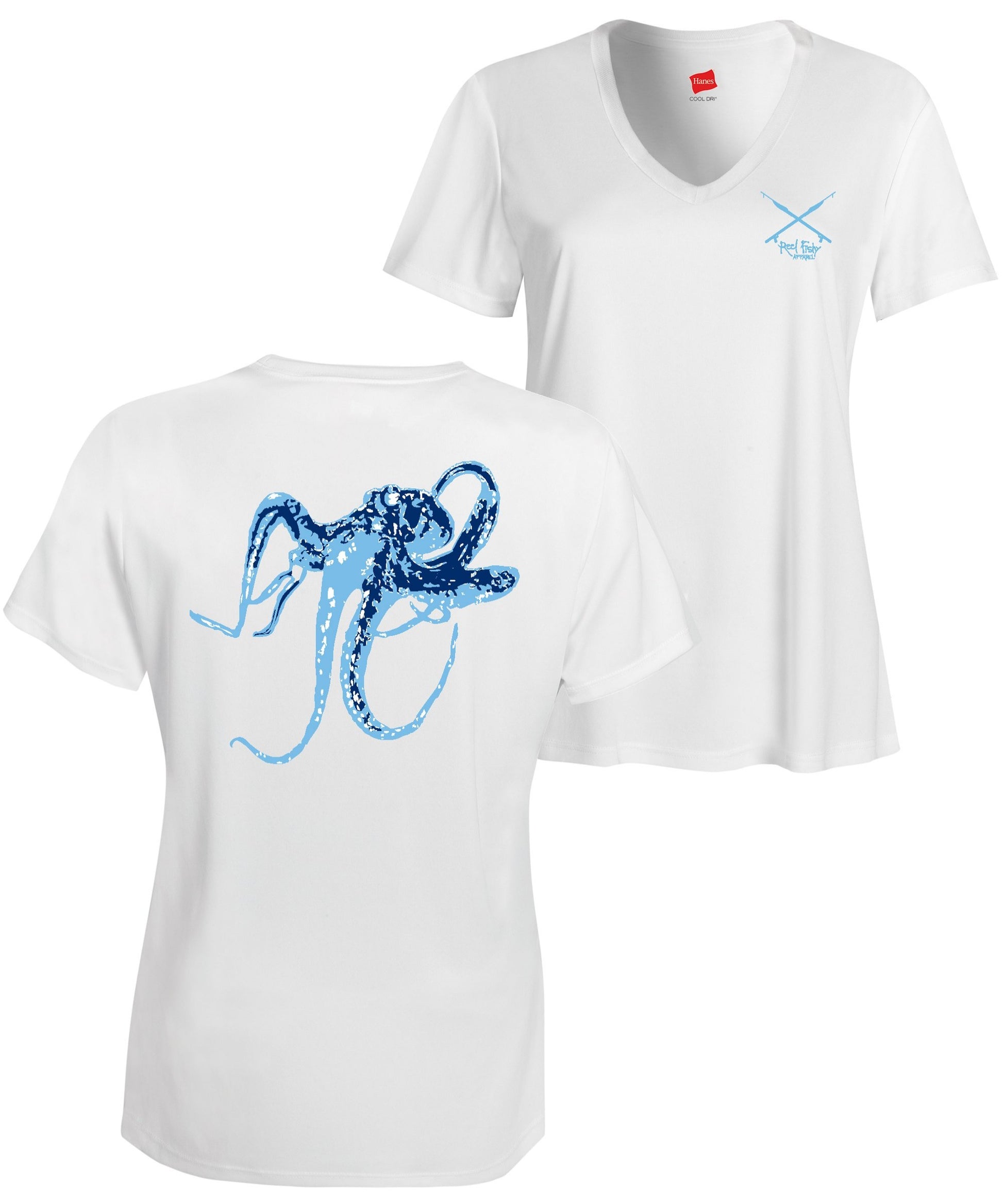 Women's Octopus Performance Dry-Fit Fishing 50+uv Sun Protection V-Neck Shirts - Reel Fishy Apparel XS / Ladies White V-Neck S/S