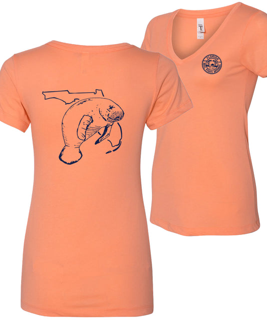 Women’s light orange short sleeve cotton V-neck, Florida Manatee design on back, and Reel Fishy logo on front