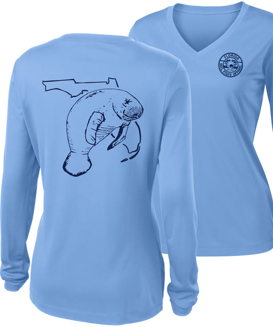 Women’s light blue long sleeve performance sun shirt with 50+ UPF, V-neck, Florida Manatee design on back, and Reel Fishy logo on front