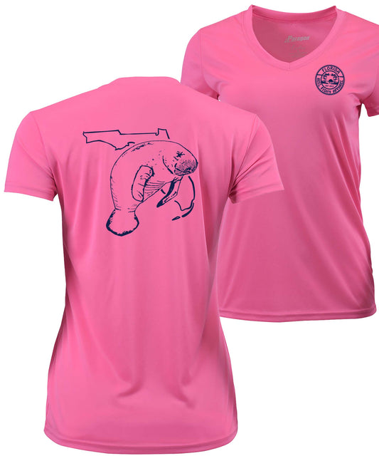 Women’s pink short sleeve performance sun shirt with 50+ UPF, V-neck, Florida Manatee design on back, and Reel Fishy logo on front