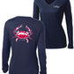 American Blue Crab -Reel Crabby Ladies Performance Dry-fit V-neck Long Sleeve Shirt with 50+ UV Sun Protection in Navy