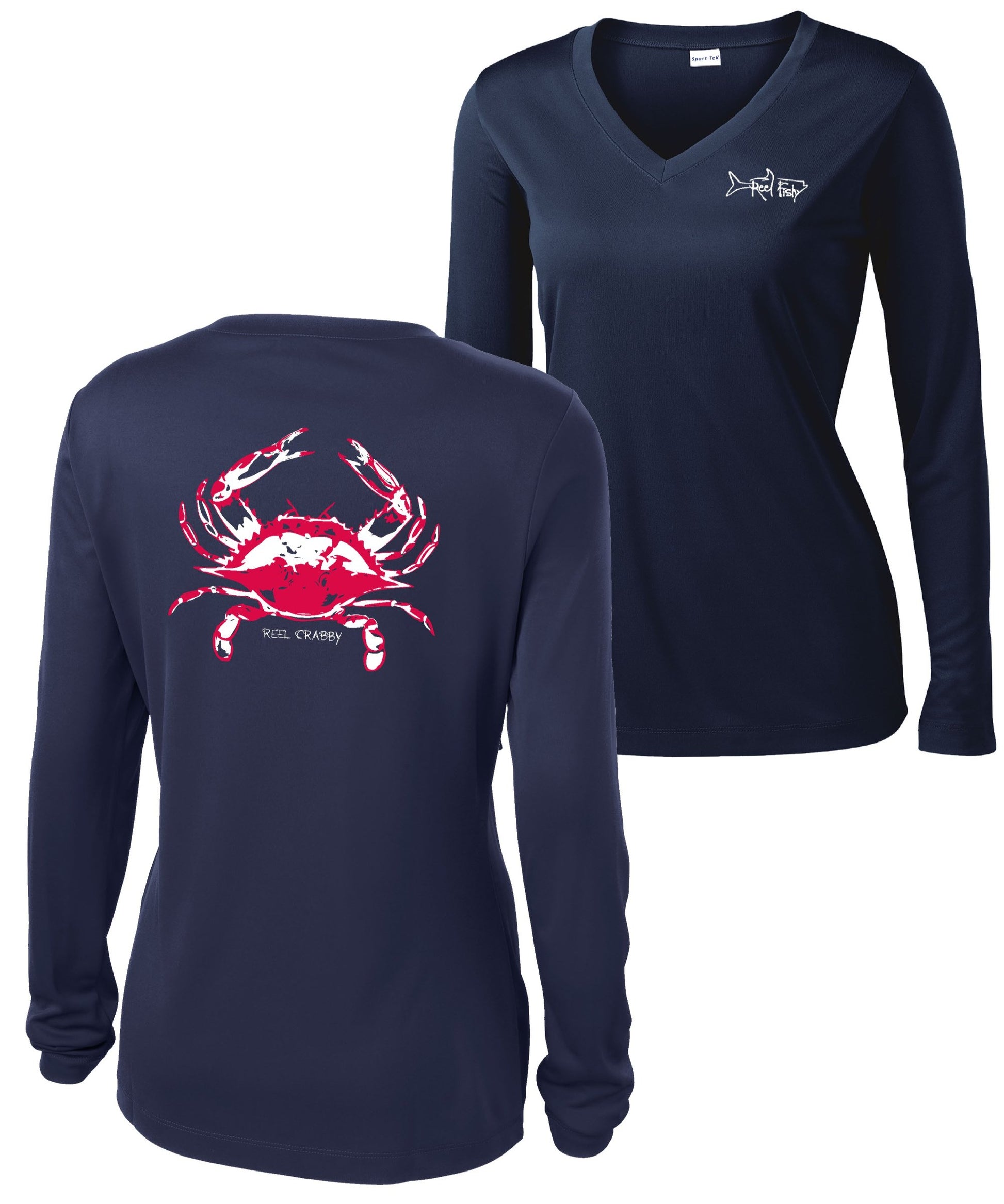 American Blue Crab -Reel Crabby Ladies Performance Dry-fit V-neck Long Sleeve Shirt with 50+ UV Sun Protection in Navy