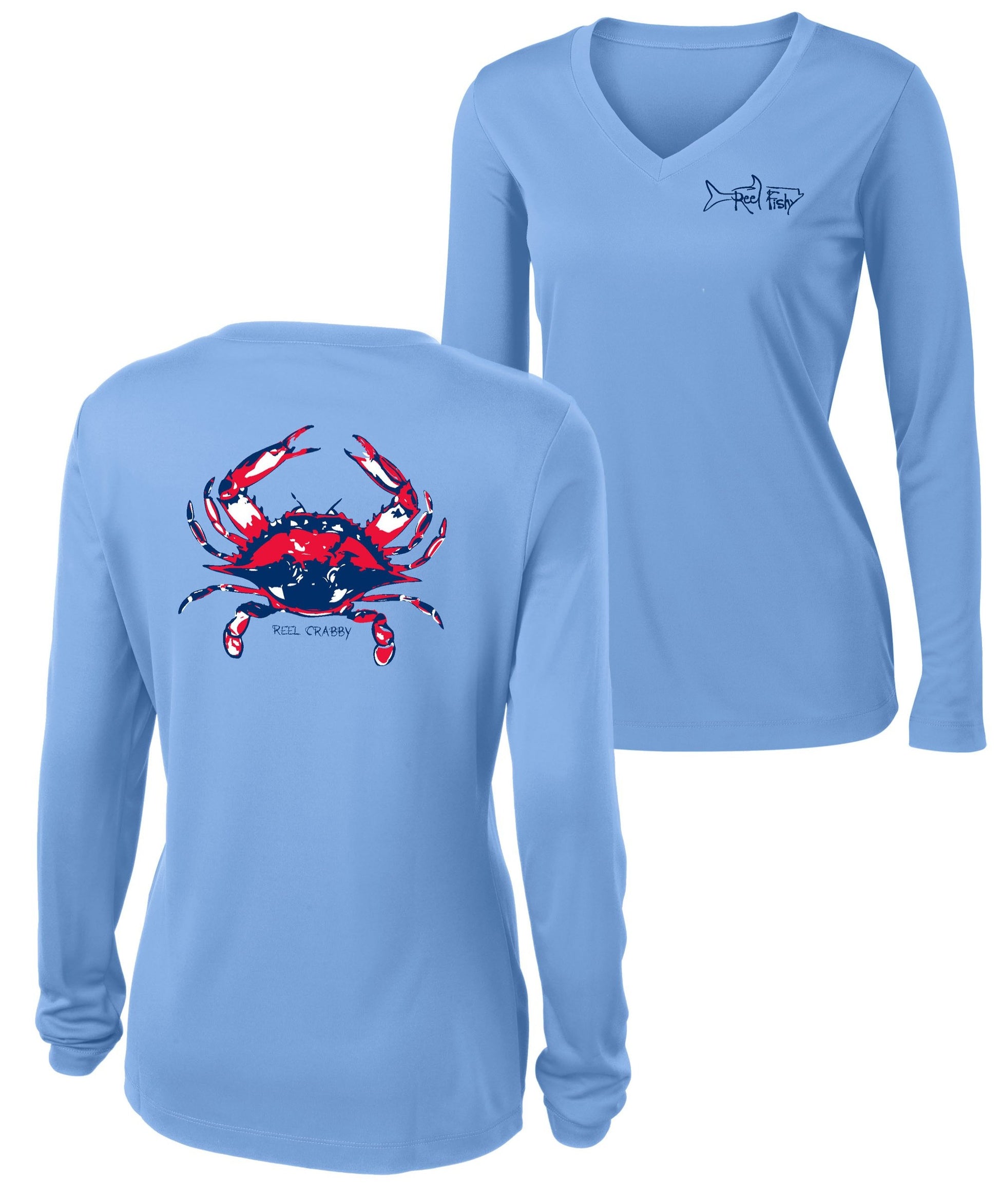 American Blue Crab -Reel Crabby Ladies Performance Dry-fit V-neck Long Sleeve Shirt with 50+ UV Sun Protection in Light Blue