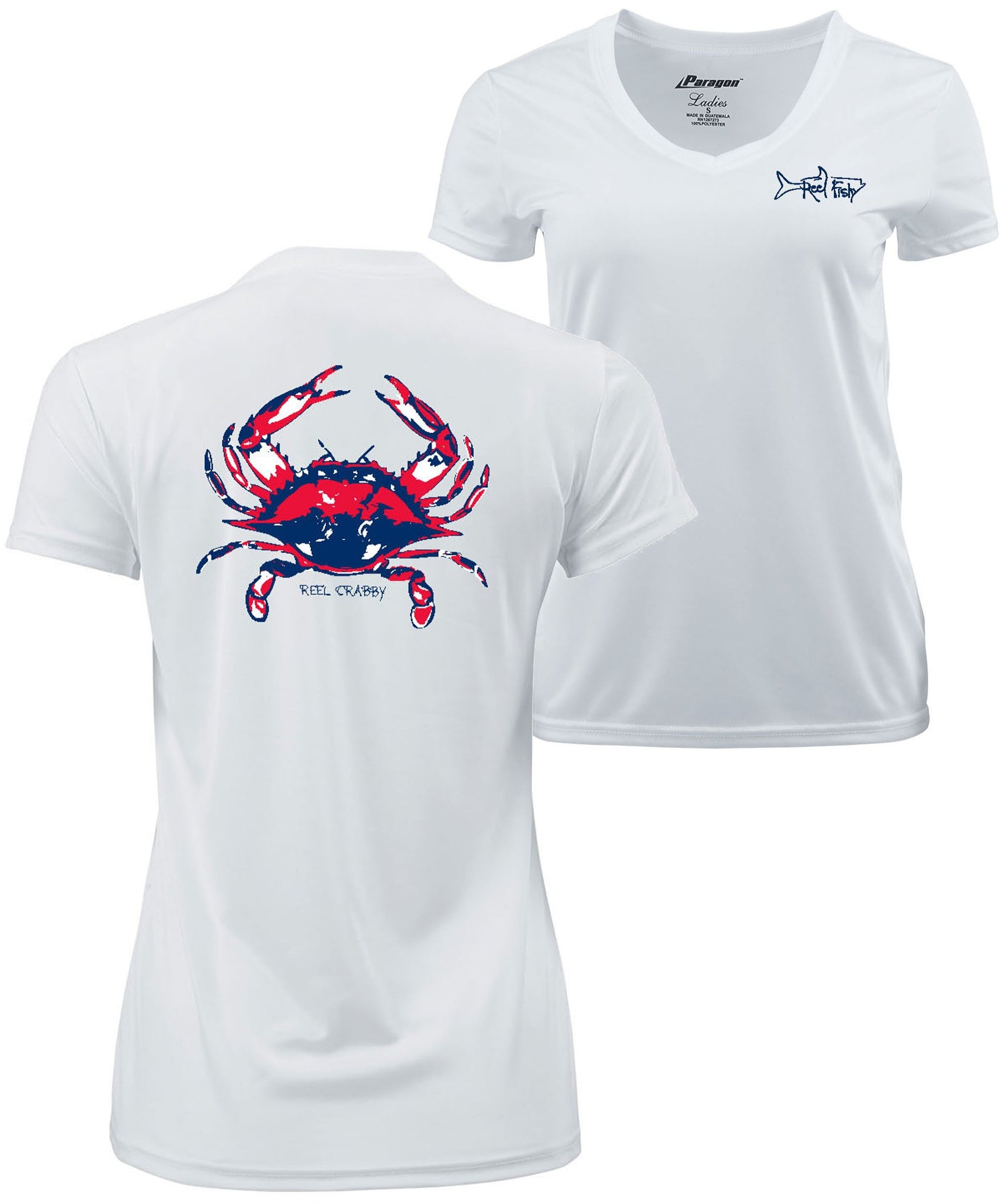 American Blue Crab -Reel Crabby Ladies Performance Dry-fit V-neck Short Sleeve Shirt with 50+ UV Sun Protection in White