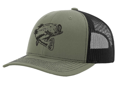 New Bass "Reel Hawg" Structured Trucker Hat - Olive/Black - Black Bass logo