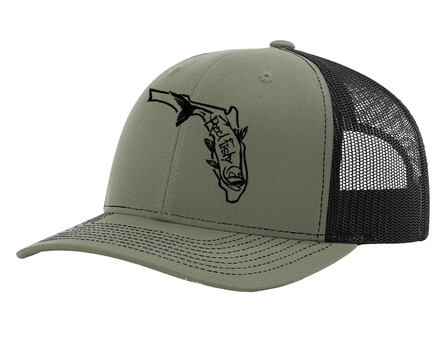 State of Florida Tarpon Reel Fishy Logo - Olive/Black Trucker hat w/Black Logo