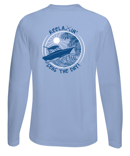 Lt. Blue Reelaxin' Performance Dry-Fit Fishing Long Sleeve Shirts, 50+ UPF Sun Protection  - Reel Fishy Apparel