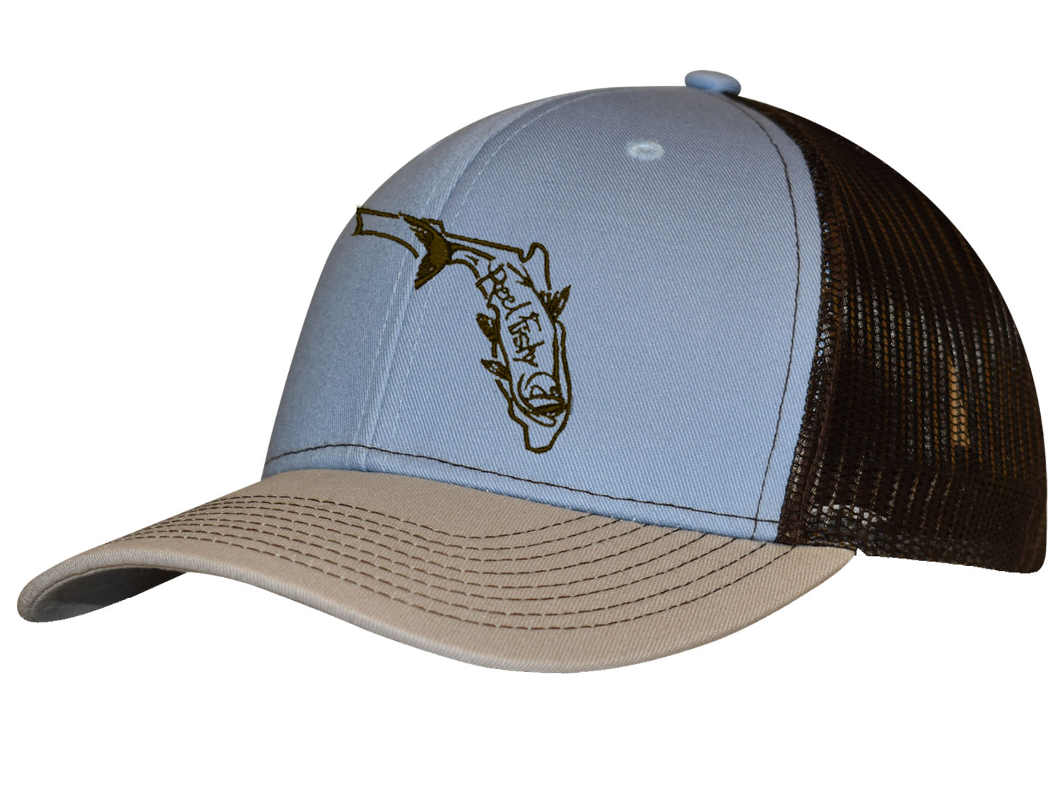 Tarpon Fishing Trucker Hat, Florida Logo Snapback Trucker Cap, Fishing Hat Lt. Blue/Natural/Brown w/Brown Logo