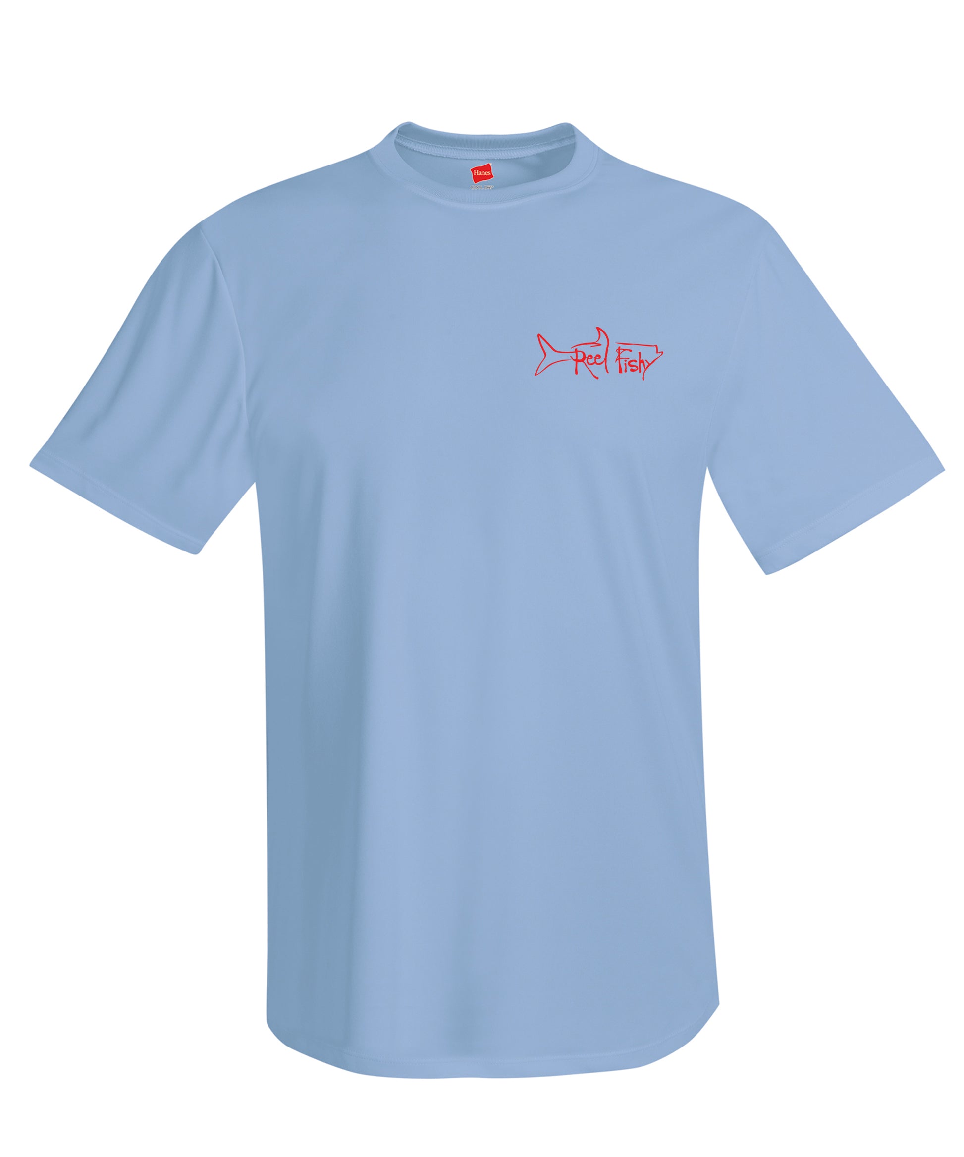 Lobster Performance Dry-Fit Fishing shirts with Sun Protection - "Bug Tickler" Dive Logo - Lt. Blue Short Sleeve (Reel Fishy Tarpon Logo front)