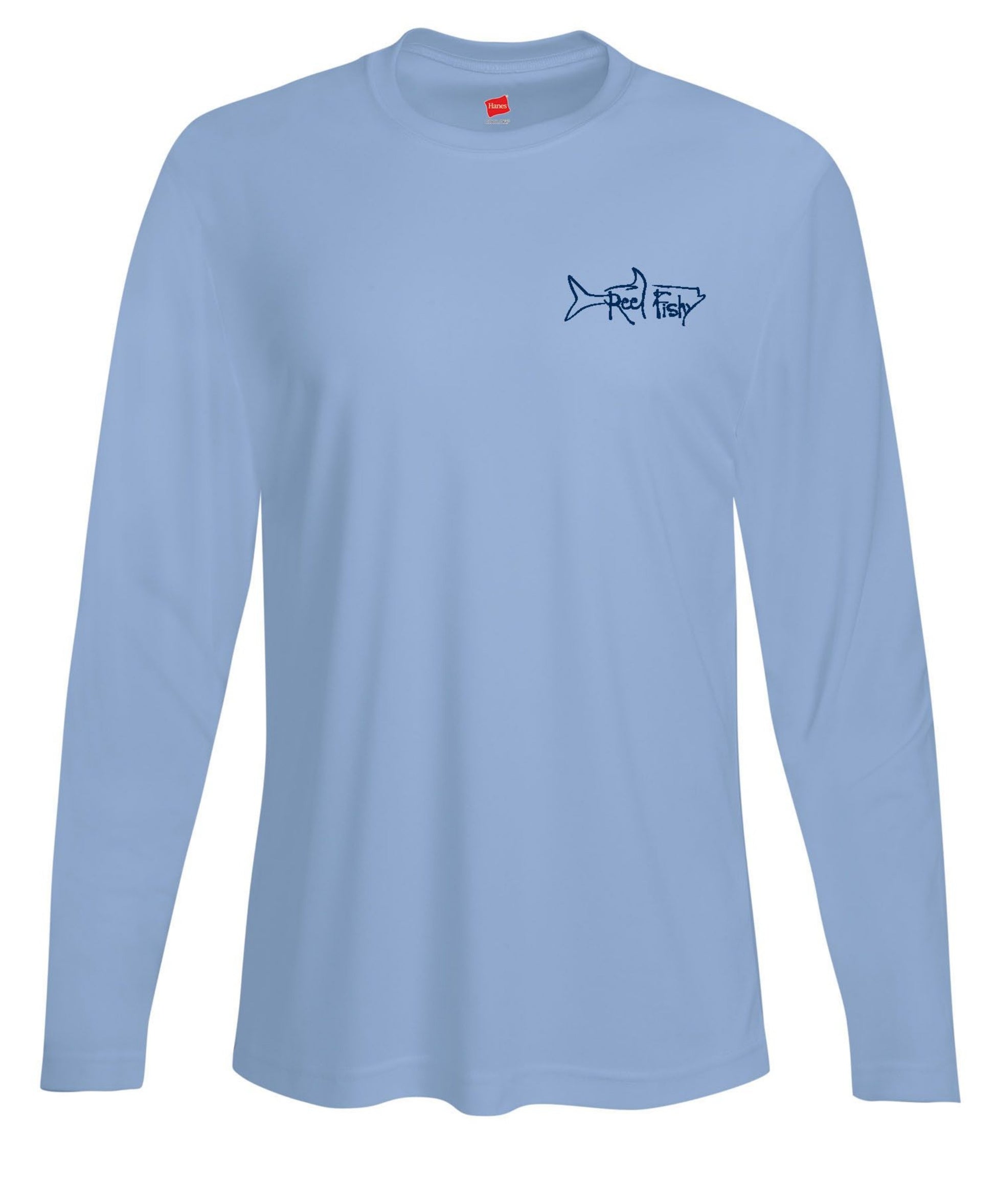 Turtle with Squid Performance Fishing Dry-Fit Long Sleeve with Sun Protection - Front Lt. Blue with Reel Fishy Tarpon logo