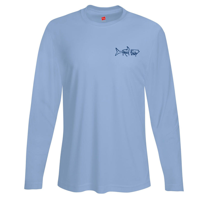 Turtle with Squid Performance Fishing Dry-Fit Long Sleeve with Sun Protection - Front Lt. Blue with Reel Fishy Tarpon logo