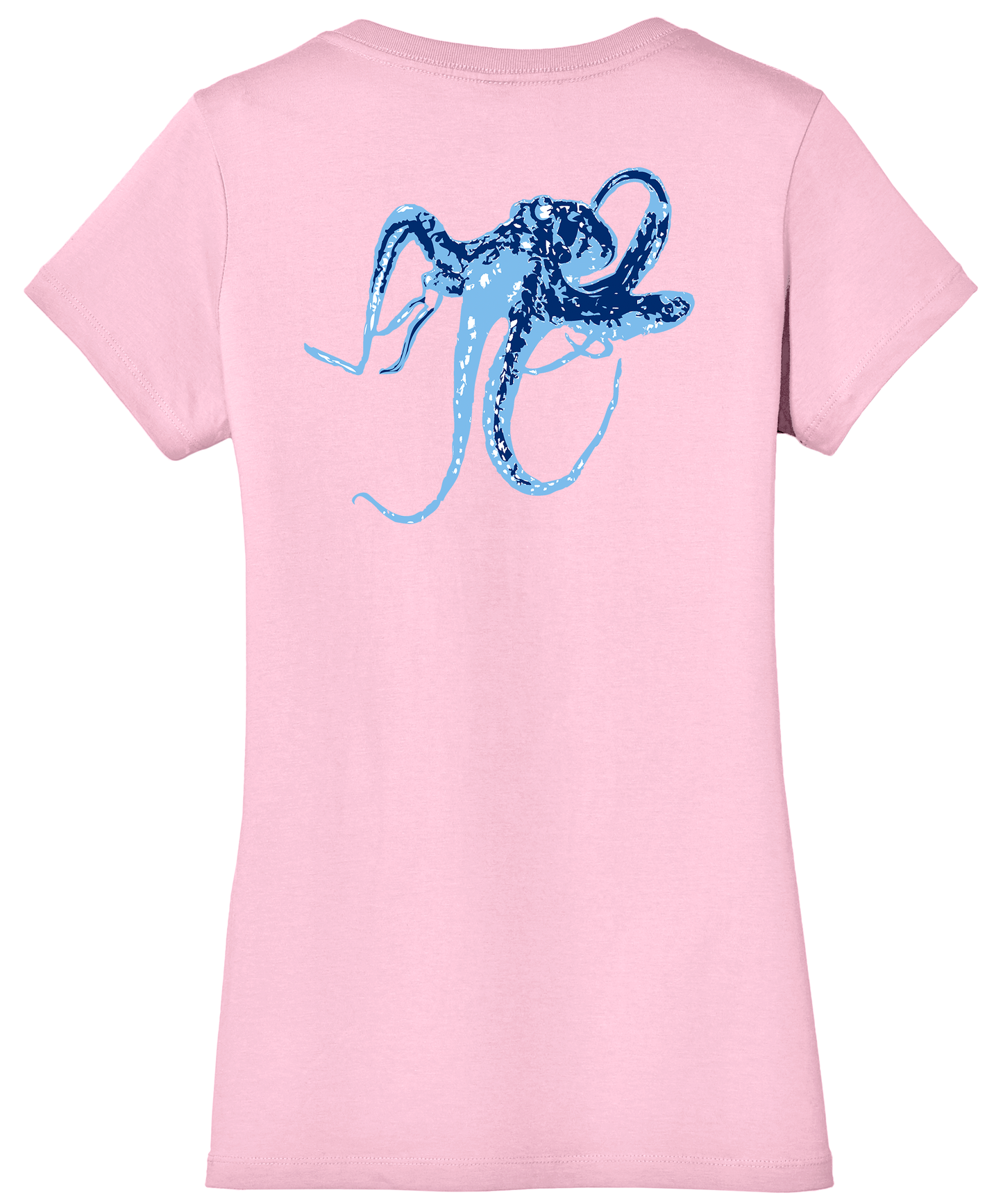 Lt. Pink Ladies Octopus V-neck Short Sleeve Cotton Tee - Reel Fishy Apparel Spearguns logo on front