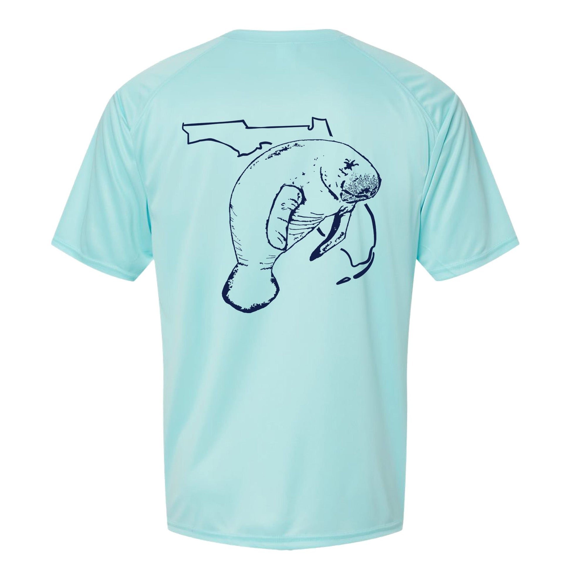 Unisex aqua blue short sleeves performance shirt with 50+ UPF, Florida Manatee design on back, Reel Fishy logo on front.