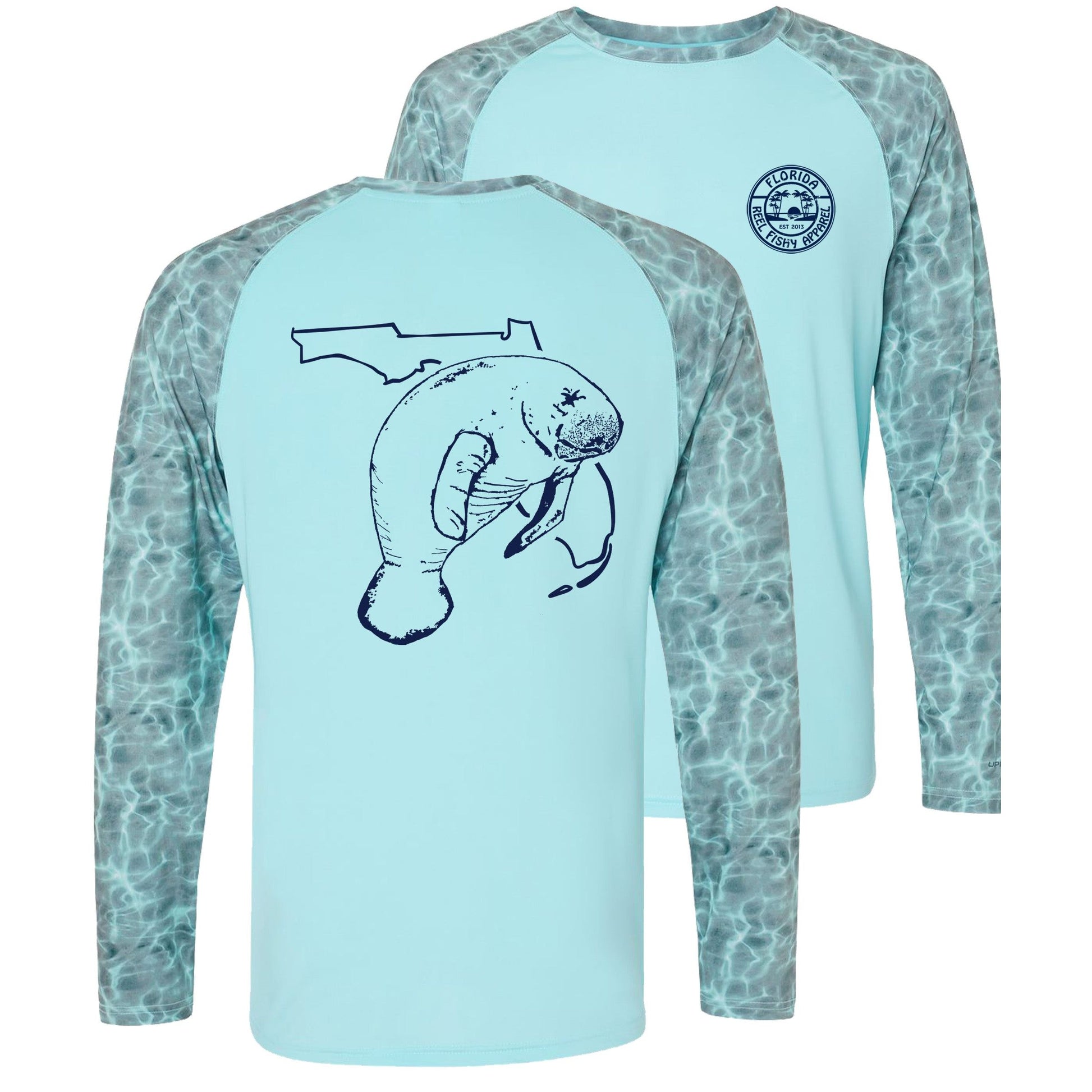 Unisex aqua blue water sleeves performance shirt with 50+ UPF, Florida Manatee design on back, Reel Fishy logo on front.