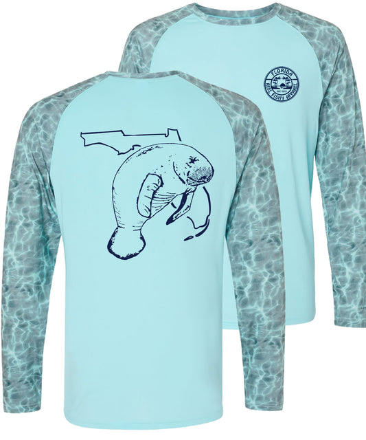 Unisex aqua blue water sleeves performance shirt with 50+ UPF, Florida Manatee design on back, Reel Fishy logo on front.