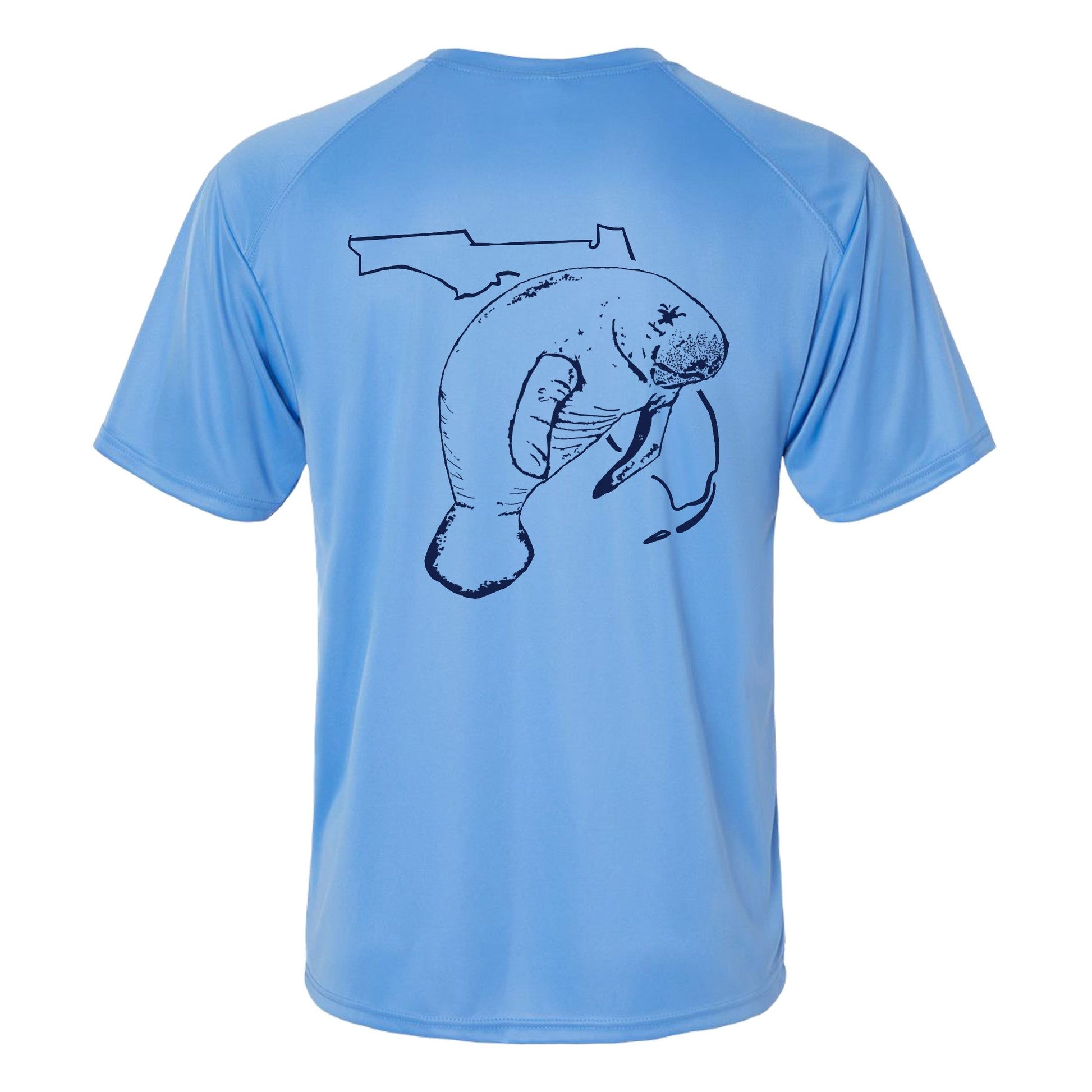 Unisex bimini blue short sleeves performance shirt with 50+ UPF, Florida Manatee design on back, Reel Fishy logo on front.