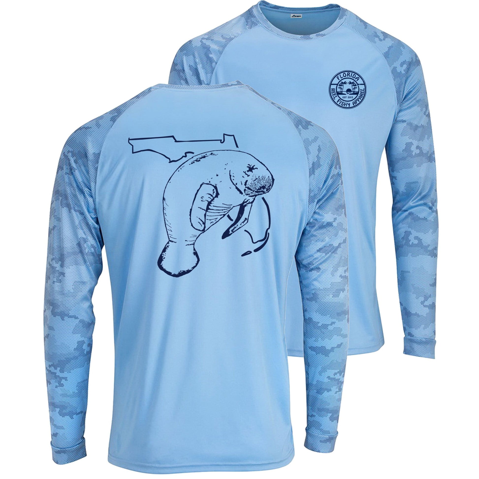 Unisex blue mist digital camo sleeves, performance shirt with 50+ UPF, Florida Manatee design on back, Reel Fishy logo on front.