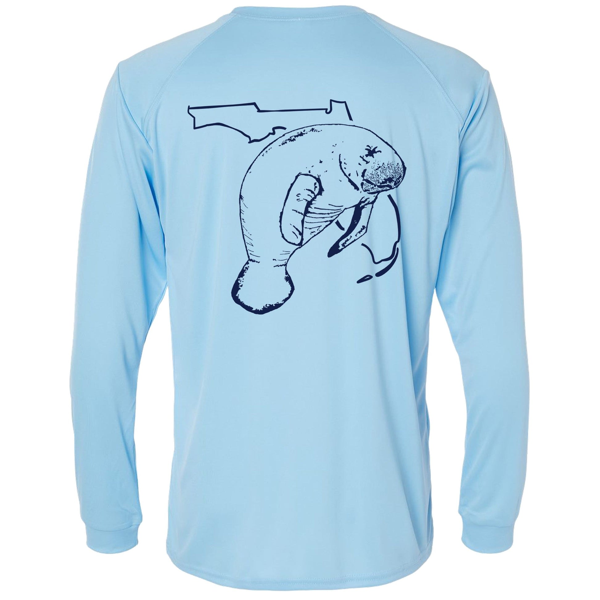 Unisex light blue long sleeves performance shirt with 50+ UPF, Florida Manatee design on back, Reel Fishy logo on front.