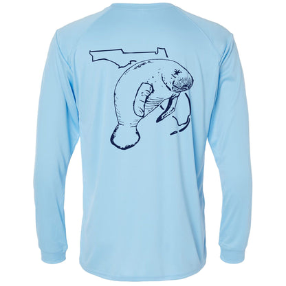 Unisex light blue long sleeves performance shirt with 50+ UPF, Florida Manatee design on back, Reel Fishy logo on front.