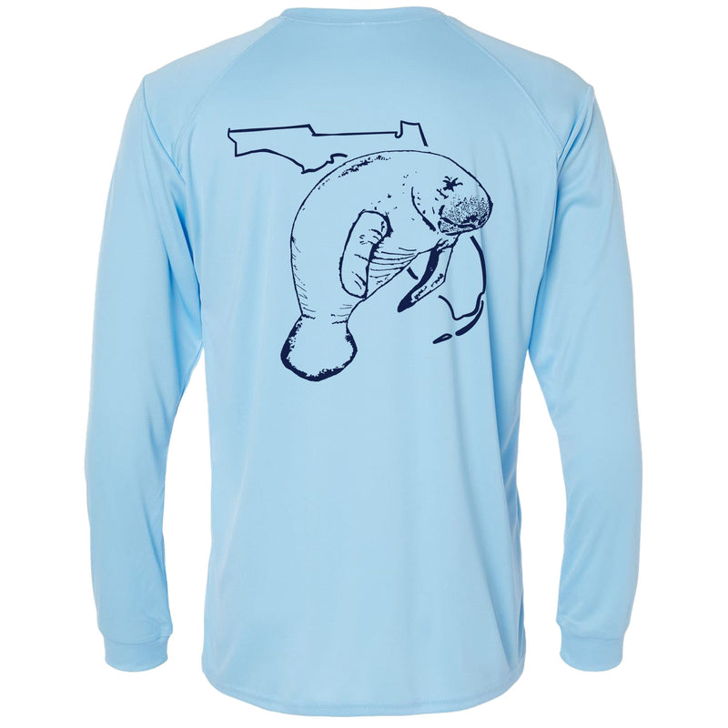 Unisex light blue long sleeves performance shirt with 50+ UPF, Florida Manatee design on back, Reel Fishy logo on front.