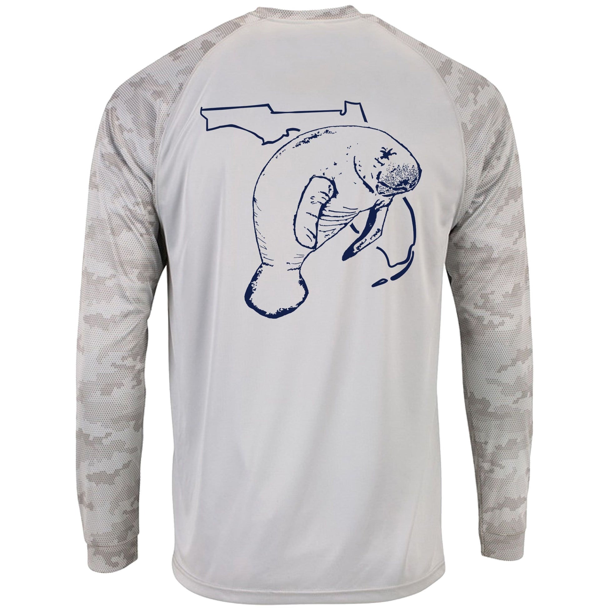 Unisex light gray digital camo sleeves, performance shirt with 50+ UPF, Florida Manatee design on back, Reel Fishy logo on front.