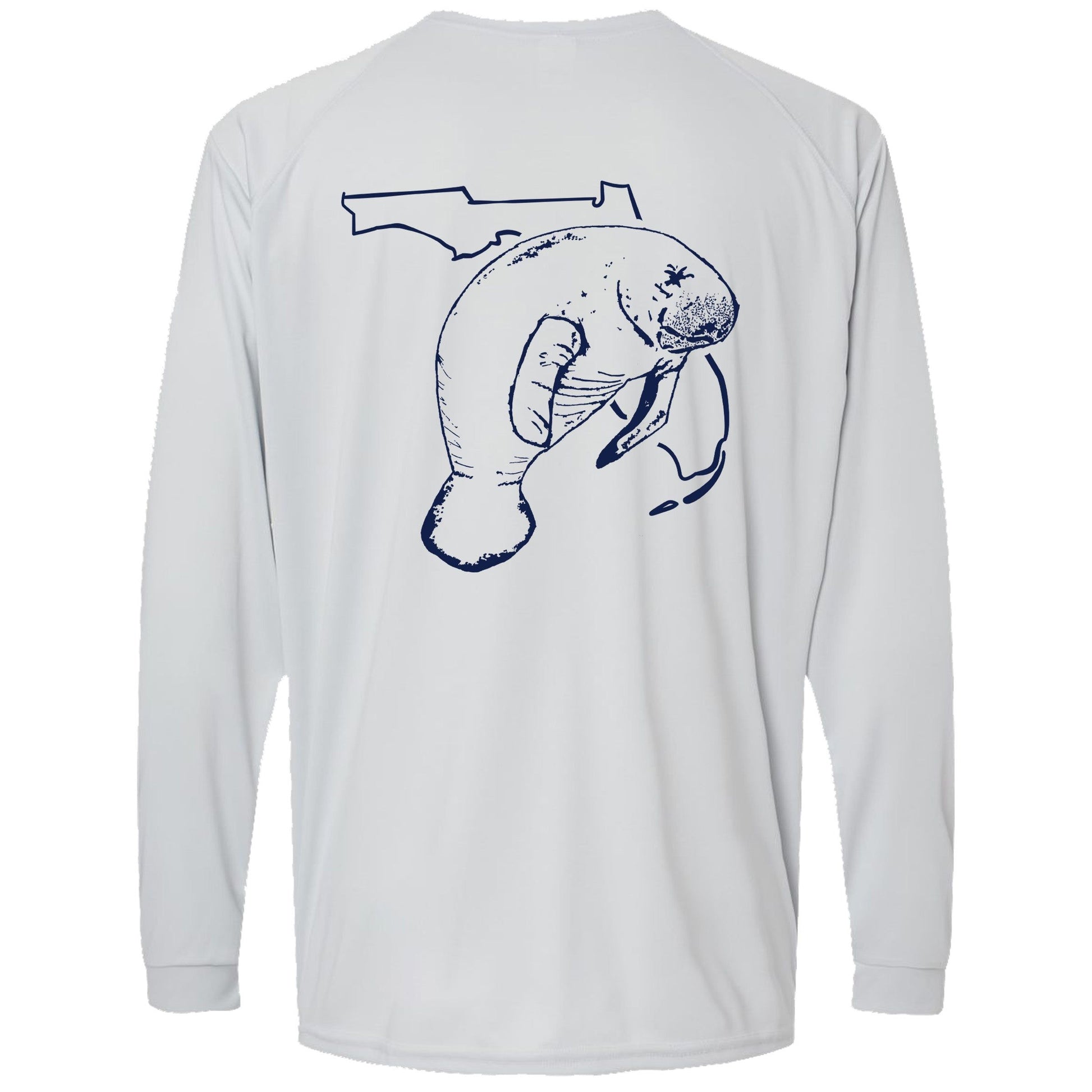 Unisex light gray long sleeves performance shirt with 50+ UPF, Florida Manatee design on back, Reel Fishy logo on front.
