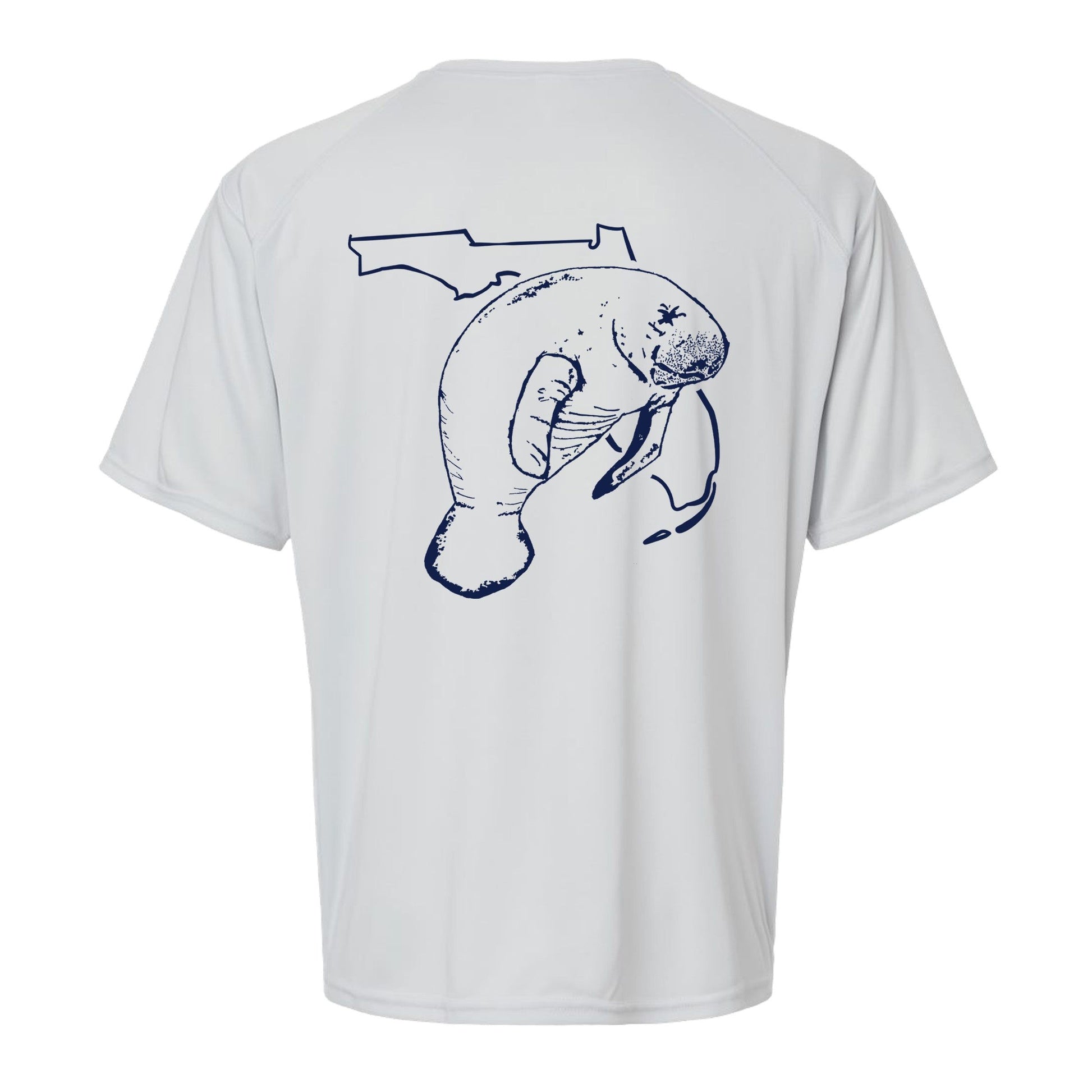 Unisex light gray short sleeves performance shirt with 50+ UPF, Florida Manatee design on back, Reel Fishy logo on front.