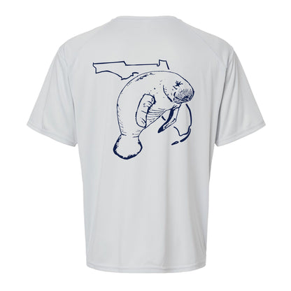 Unisex light gray short sleeves performance shirt with 50+ UPF, Florida Manatee design on back, Reel Fishy logo on front.